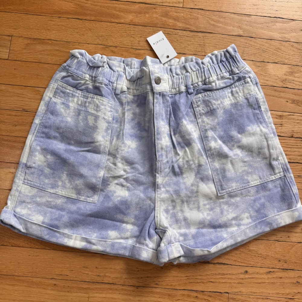 Elodie Tie Dye Paperbag Waist Denim Shorts Blue White High Rise XL NWT